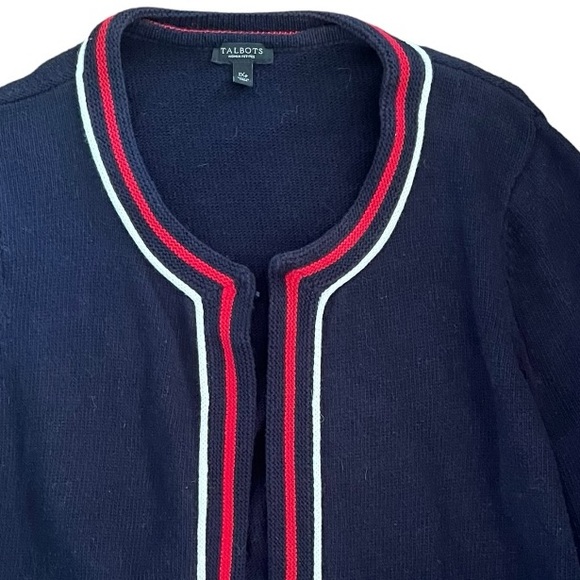 Talbots 100% COTTON NAVY BLUE CARDIGAN SWEATER 1XP Petite RED WHITE STRIPED TRIM - Picture 2 of 10